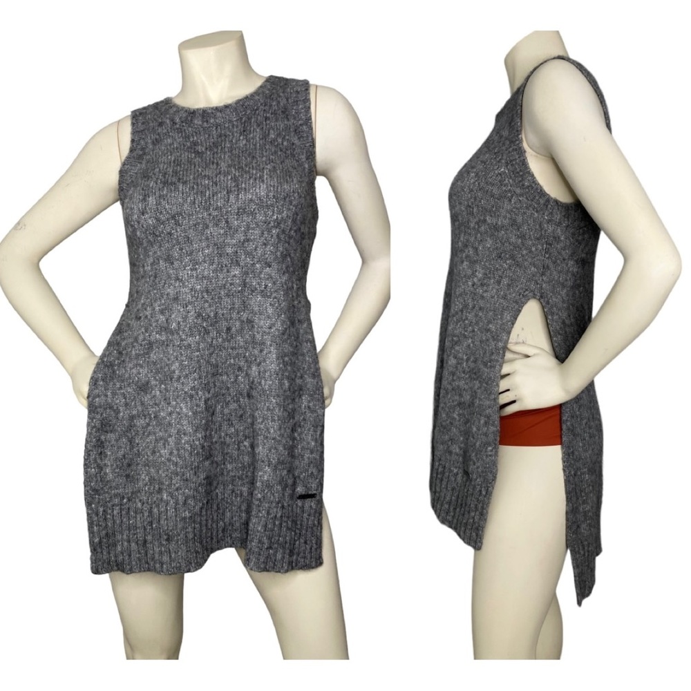 SWEATY BETTY Gray Fuzzy Wool Alpaca Sleeveless Side Slit High Low Tunic Top, S